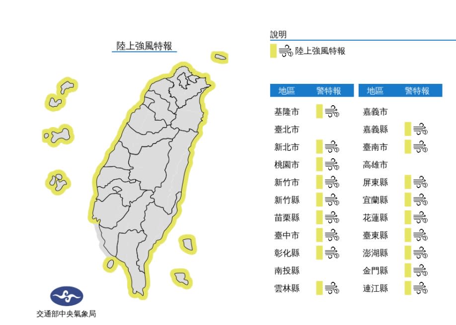 東北風明顯增強，18縣市有較強陣風，請民眾特別注意。   圖/氣象局