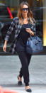 <p>Black joggers, comfortable flats, a plaid shirt left unbuttoned--the perfect off-duty uniform for running errands. <strong>Her outfit breakdown: </strong><a rel="nofollow noopener" href="http://www.instyle.com/celebrity/jessica-alba" target="_blank" data-ylk="slk:Jessica Alba;elm:context_link;itc:0;sec:content-canvas" class="link ">Jessica Alba</a> wore a Black Orchid cotton plaid shirt with frayed hem, $110, <a rel="nofollow noopener" href="http://www.blackorchiddenim.com/product/bo196pld-black-and-grey" target="_blank" data-ylk="slk:blackorchiddenim.com;elm:context_link;itc:0;sec:content-canvas" class="link ">blackorchiddenim.com</a>; Versace Palazzo Empire Bag with pink piping, <a rel="nofollow noopener" href="http://www.versace.com/us/en-us/search/?q=palazzo%20empire" target="_blank" data-ylk="slk:versace.com;elm:context_link;itc:0;sec:content-canvas" class="link ">versace.com</a> for similar colors; and Jenni Kayne D'Orsay flat, $495, <a rel="nofollow noopener" href="http://www.jennikayne.com/collections/jenni-kayne-shoes/products/dorsay-flat-shoe-black-leather" target="_blank" data-ylk="slk:jennikayne.com;elm:context_link;itc:0;sec:content-canvas" class="link ">jennikayne.com</a>.</p>