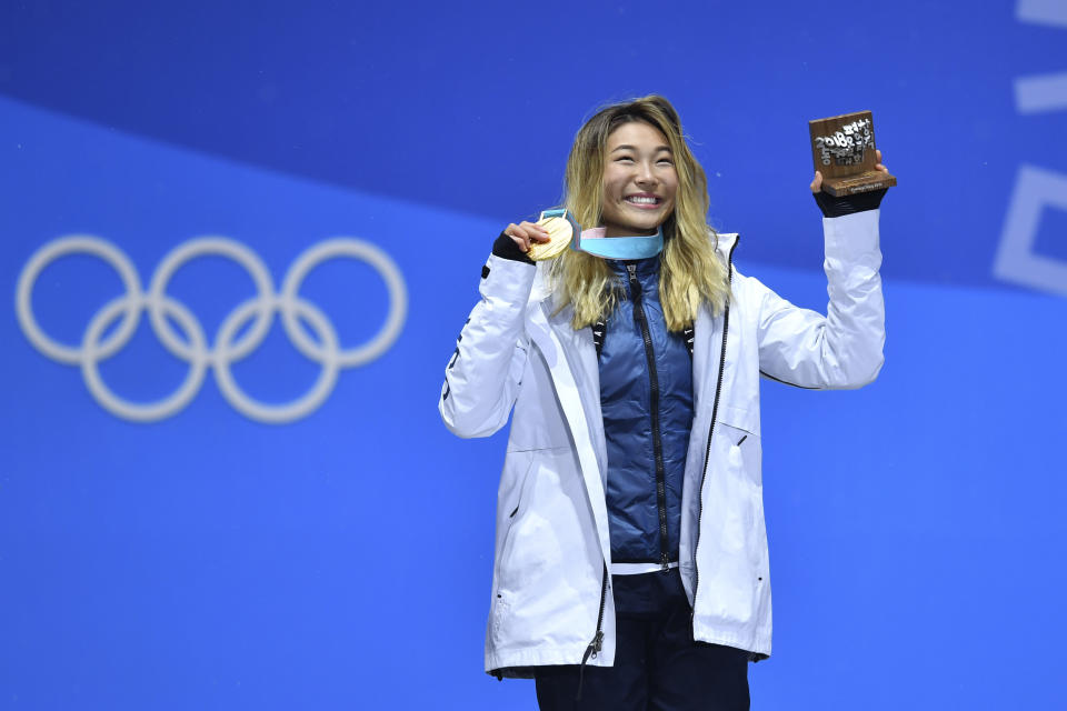 Chloe Kim after winning gold in the women’s halfpipe event in Pyeongchang in 2018. - Credit: Frank Hoermann/SVEN SIMON/picture-alliance/dpa/AP Images