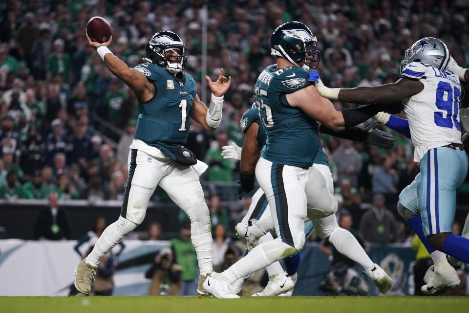 Philadelphia Eagles quarterback Jalen Hurts (1) looks to pass during the second half of an NFL football game against the Dallas Cowboys on Sunday, Nov. 5, 2023, in Philadelphia. (AP Photo/Matt Slocum)