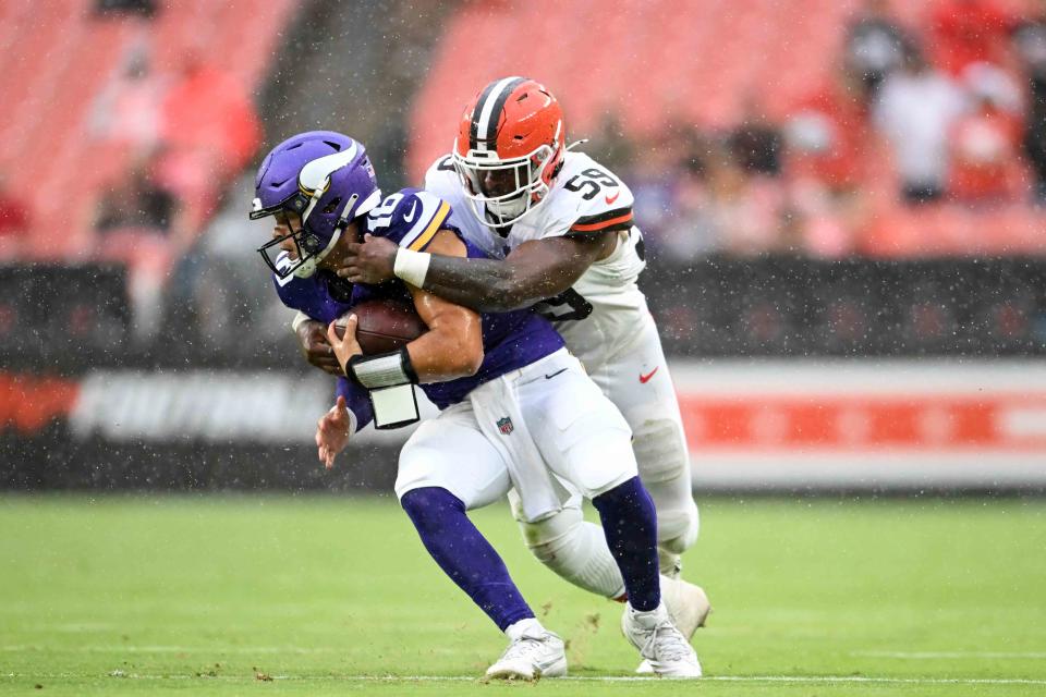 <p>Nick Cammett / Diamond Images via Getty Images</p> Winston Reid #59 of the Cleveland Browns sacks Jaren Hall #16 of the Minnesota Vikings during the second half of a preseason game at Cleveland Browns Stadium on August 17, 2024 in Cleveland, Ohio.