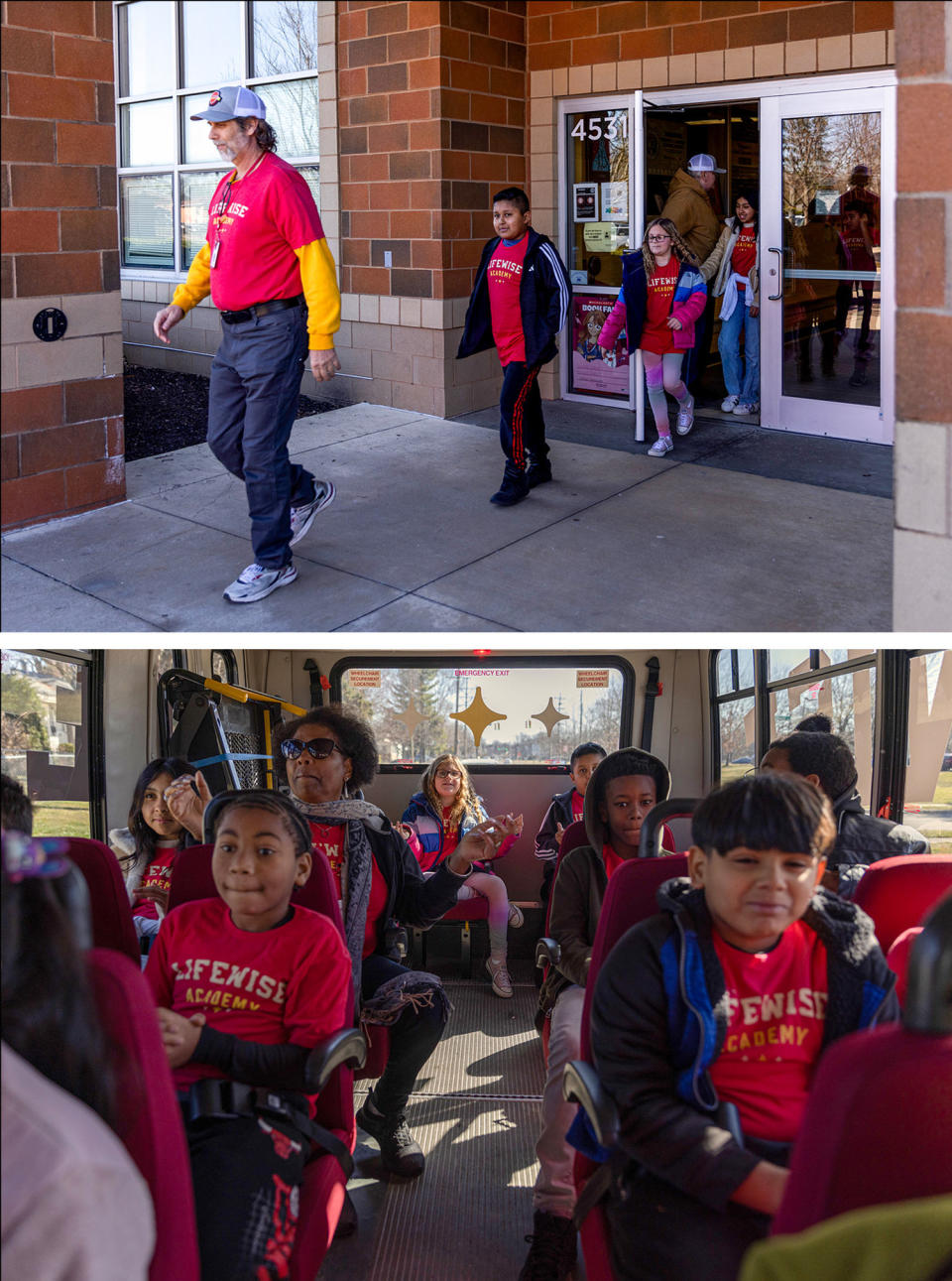 Students leave school; students in a school bus (Maddie McGarvey for NBC News)