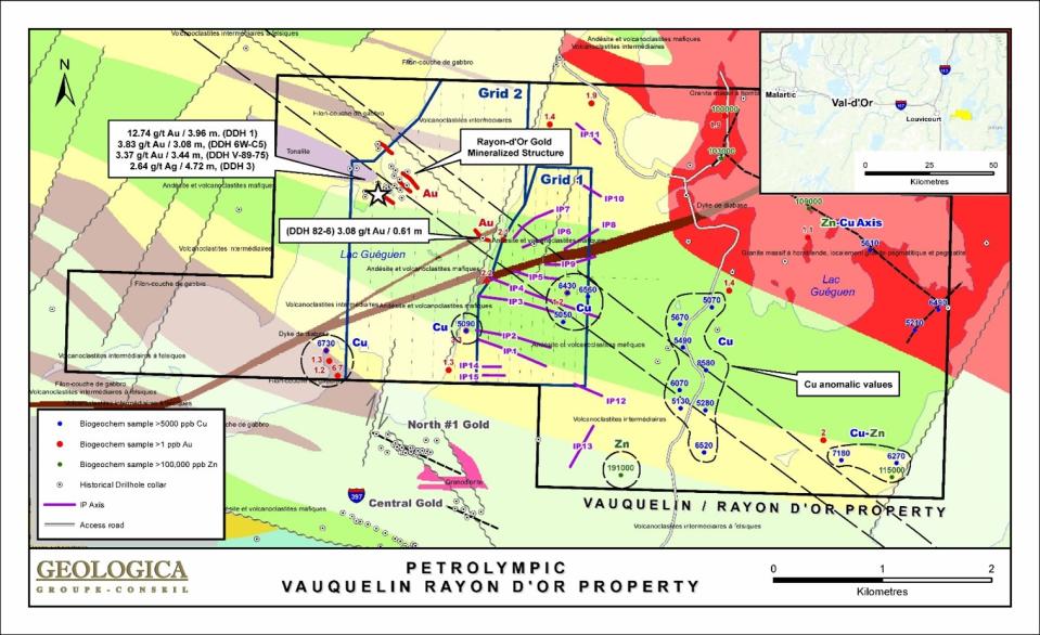 Geology map of the Rayon d’Or and Vauquelin Property with Induced Polarization (IP) conductors axes and biogeochemical sampling results.