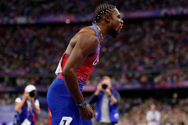 Noah Lyles (USA) wins the men’s 100m final during the Paris 2024 Olympic Summer Games at Stade de France.