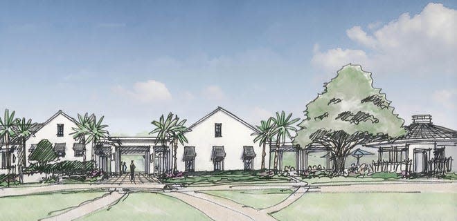 An artist's rendering of the east-side entry of the proposed clubhouse at West Palm Golf Park. COURTESY SPINAOROURKE