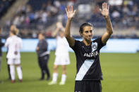 NJ/NY Gotham FC's Carli Lloyd waves to the crowd after the team's NWSL soccer match against the Washington Spirit on Wednesday, Oct. 6, 2021, in Chester, Pa. (Charles Fox/The Philadelphia Inquirer via AP)