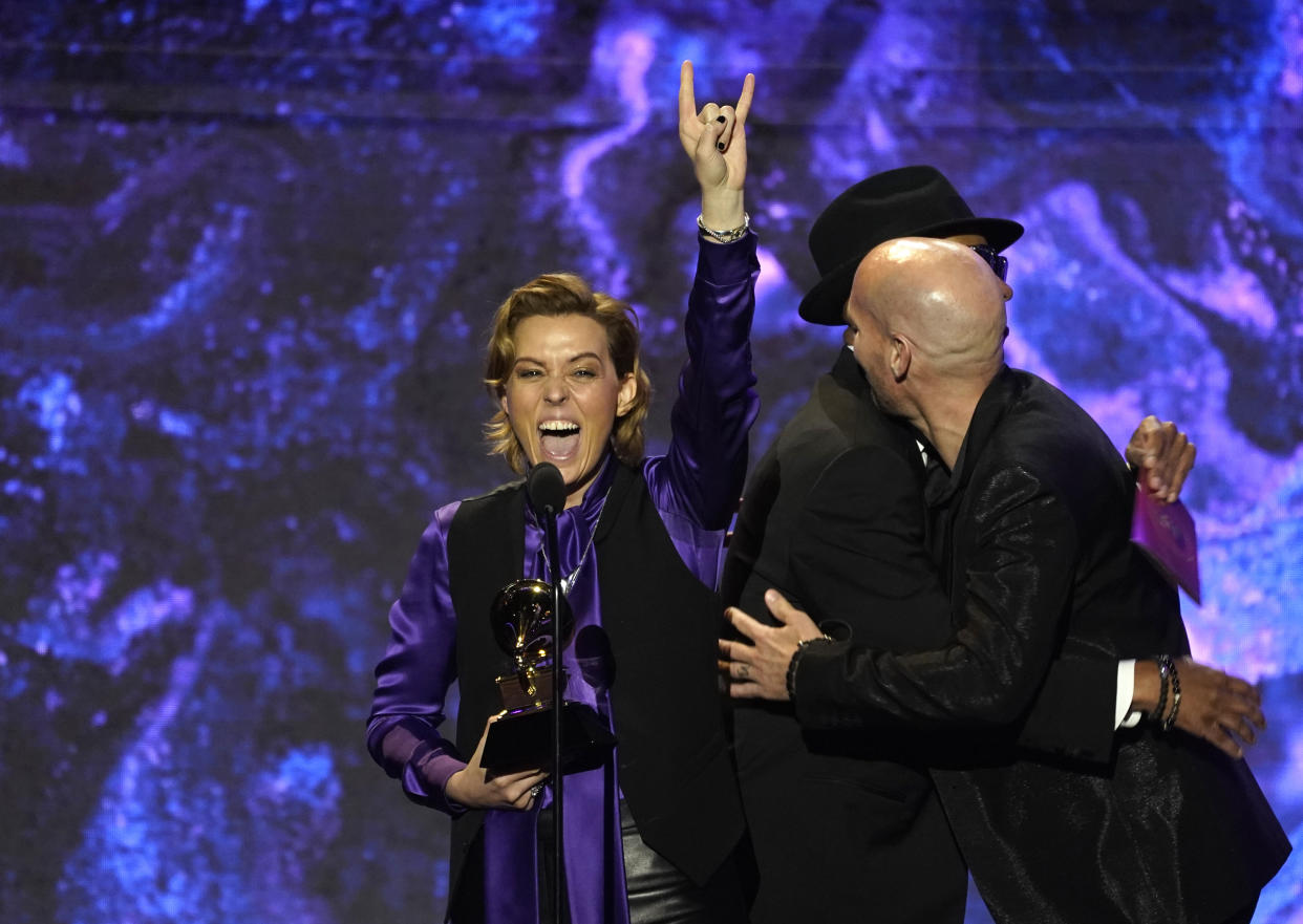 Brandi Carlile gestures onstage while accepting the award for best rock song for "Broken Horses" at the 65th annual Grammy Awards on Sunday, Feb. 5, 2023, in Los Angeles. (AP Photo/Chris Pizzello)