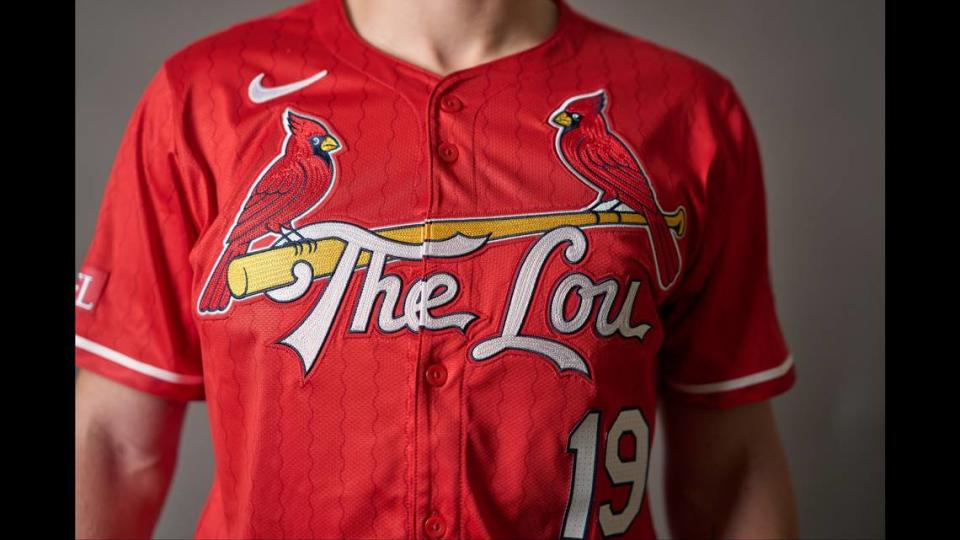 `The Lou’ across the front of the new Cardinals uniform, unveiled Monday, May 20, 2024.