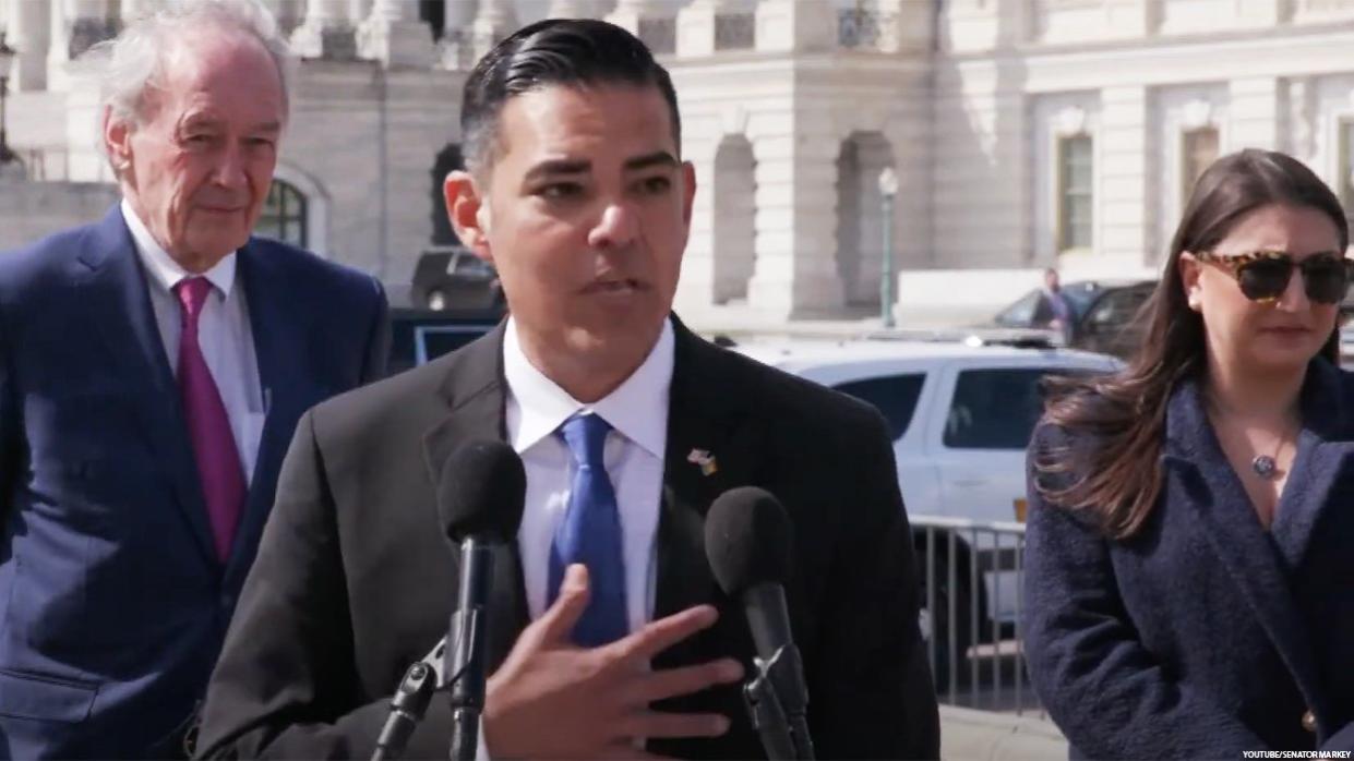 Rep. Robert Garcia flanked by Sen. Ed Markey and Rep. Sara Jacobs