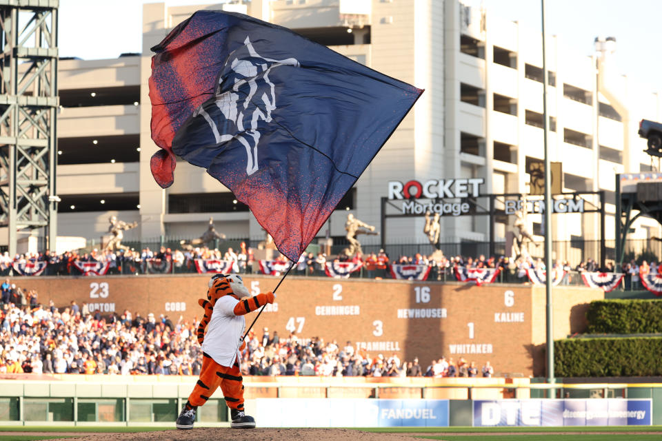 The Tigers' mascot celebrates Wednesday's Game 3 victory. (Gregory Shamus/Getty Images)