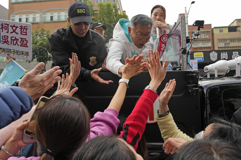 Ko Wen-je, Taiwan People's Party (TPP) presidential candidate, canvass a neighbourhood in New Taipei City, Taiwan on Wednesday, Jan. 10, 2024. With Taiwan's high-stakes presidential election just days away, the nonconformist candidate has been resonating with the island's youth, seemingly more concerned with the dearth of good jobs and affordable housing than the looming threat from China. (AP Photo/Ng Han Guan)