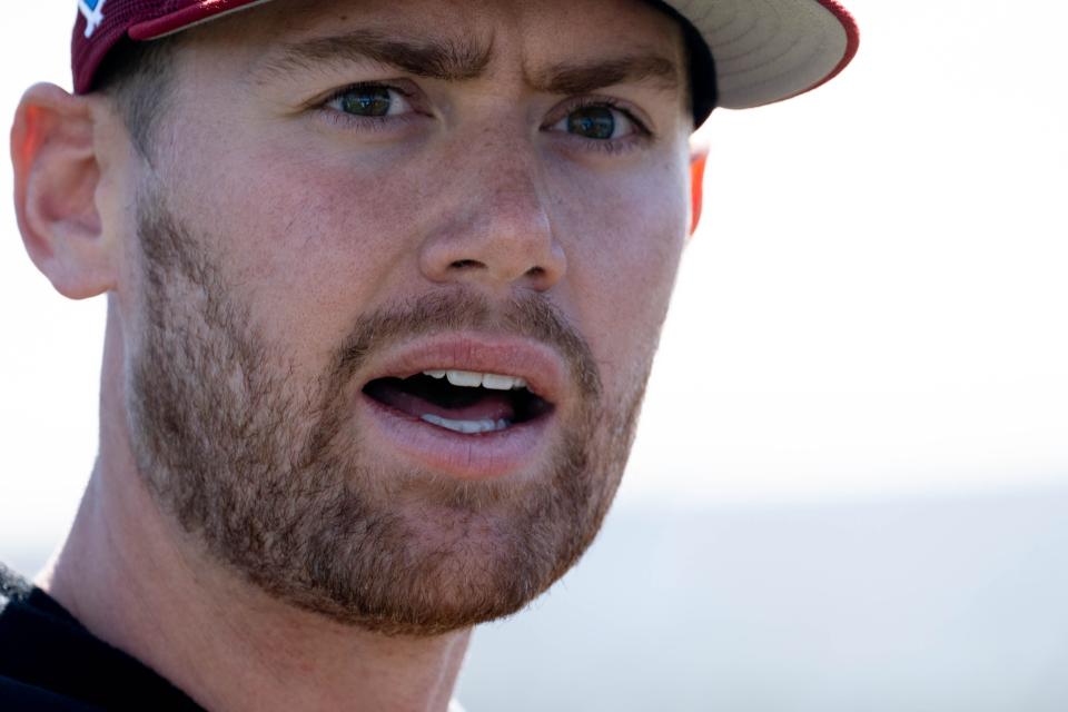 Diamondbacks catcher Carson Kelly talks with reporters after practice, March 11, 2022, at Salt River Fields at Talking Stick, 7555 N. Pima Road, Scottsdale, Arizona.