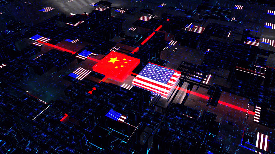 processor unit, chip war. processing information inside technological environment. china and usa flag.