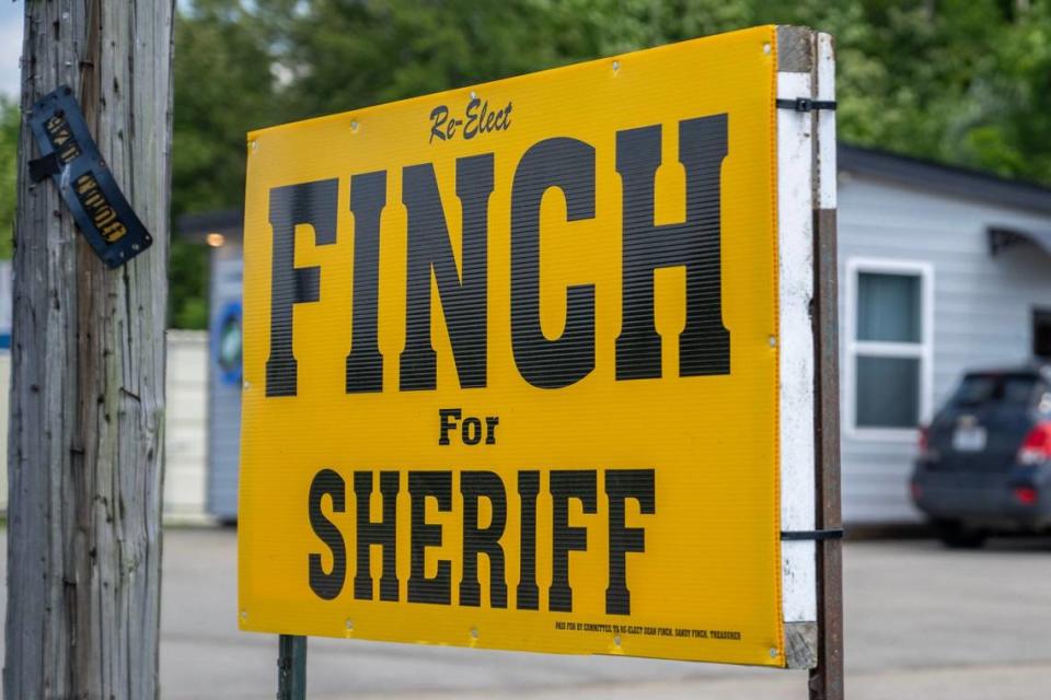 A sign to reelect Dean Finch for sheriff is displayed in Wayne County, Missouri.