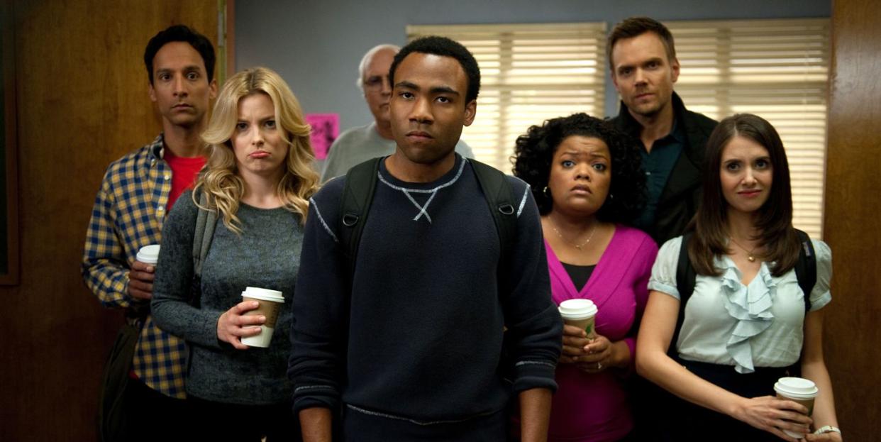 community, season 5 danny pudi as abed nadir, gillian jacobs as britta perry, chevy chase as pierce hawthorne, donald glover as troy barnes, yvette nicole brown as shirley bennett, joel mchale as jeff winger, alison brie as annie edison