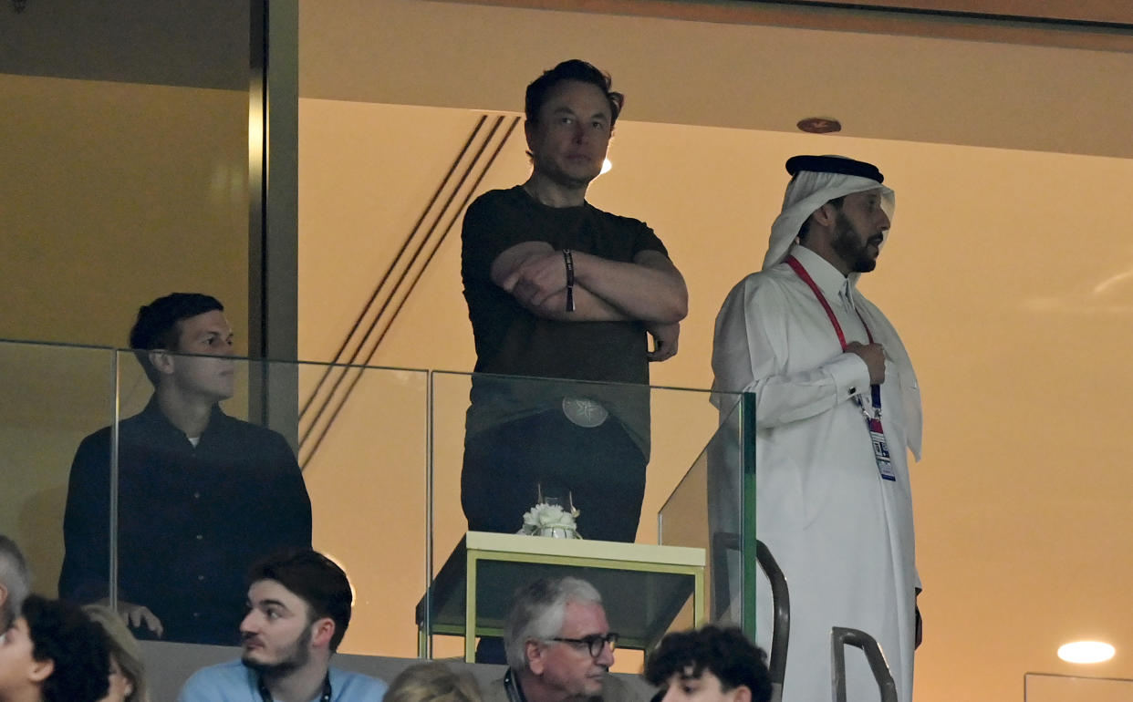 LUSAIL CITY, QATAR - DECEMBER 18: Jared Kushner and Elon Musk look on during the FIFA World Cup Qatar 2022 Final match between Argentina and France at Lusail Stadium on December 18, 2022 in Lusail City, Qatar. (Photo by Dan Mullan/Getty Images)