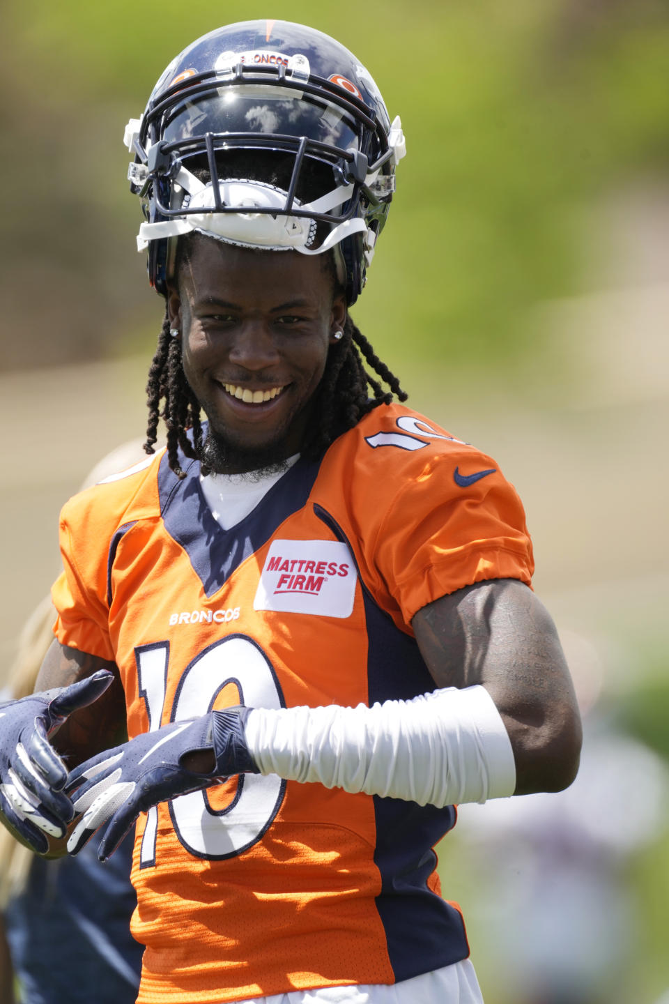 Denver Broncos wide receiver Jerry Jeudy attends drills at the NFL football team's headquarters Monday, June 6, 2022, in Centennial, Colo. (AP Photo/David Zalubowski)