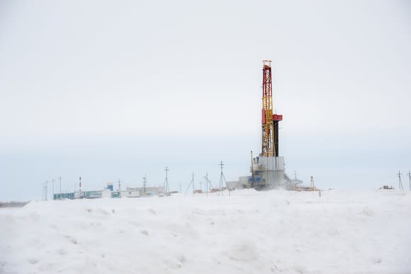 Drilling rig in the snow.