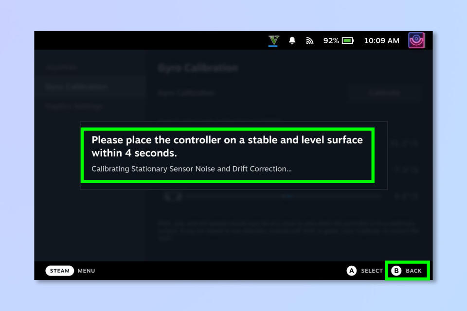 A screenshot showing how to check and recalibrate the gyro on Steam Deck