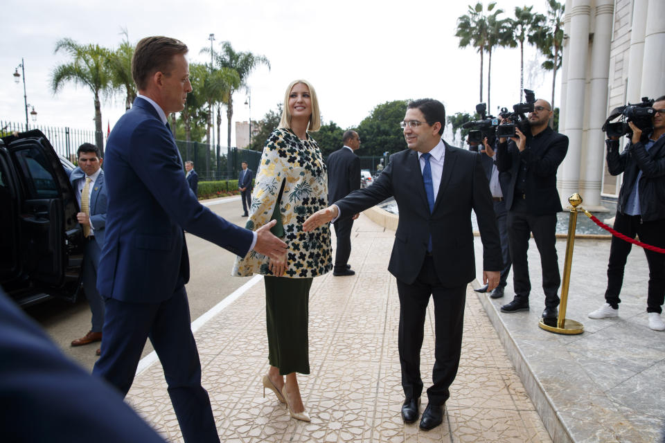 Ivanka Trump, the daughter and senior adviser to President Donald Trump, center, and Sean Cairncross, CEO of the Millennium Challenge Corporation, left, are greeted by Moroccan Foreign Minister Nasser Bourita, right, Thursday, Nov. 7, 2019, before their meeting in Rabat, Morocco. (AP Photo/Jacquelyn Martin)