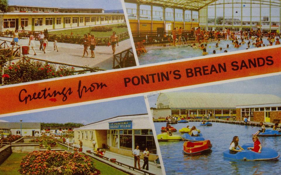 A replica 1970s postcard 'Greetings from Pontins Brean Sands'