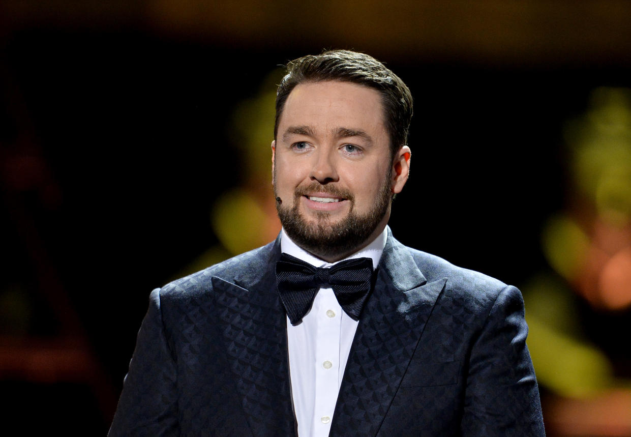 LONDON, ENGLAND - APRIL 07:  Host Jason Manford on stage during The Olivier Awards 2019 with Mastercard at the Royal Albert Hall on April 07, 2019 in London, England. (Photo by Jeff Spicer/Getty Images)