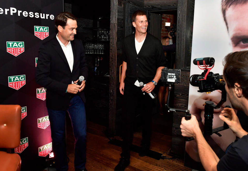 Kilian Muller, CEO of TAG Heuer North America, left, and New England Patriots quarterback Tom Brady attend the unveiling of the TAG Brady’s Limited Edition Carrera Watch at the Scampo restaurant at the Liberty Hotel in Boston, Sept. 24, 2017. (Photo: Paul Marotta/Getty Images for TAG Heuer)