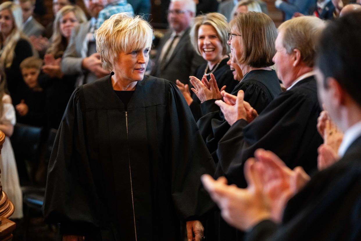 Iowa Chief Justice Susan Christensen arrives to give her Condition of the Judiciary address Wednesday, Jan. 10, 2024, at the Iowa State Capitol.