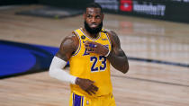 Los Angeles Lakers' LeBron James (23) prepares for play to start during the second half of Game 1 of basketball's NBA Finals Wednesday, Sept. 30, 2020, in Lake Buena Vista, Fla. (AP Photo/Mark J. Terrill)