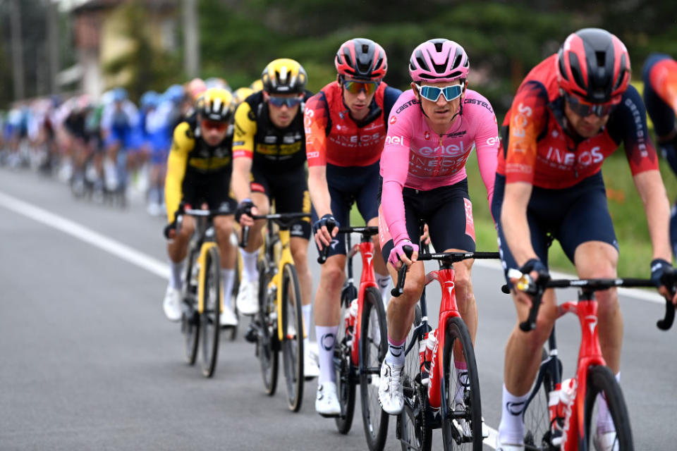 RIVOLI ITALY  MAY 18 Geraint Thomas of The United Kingdom and Team INEOS Grenadiers  Pink Leader Jersey competes during the 106th Giro dItalia 2023 Stage 12 a 185km stage from Bra to Rivoli  UCIWT  on May 18 2023 in Rivoli Italy Photo by Tim de WaeleGetty Images