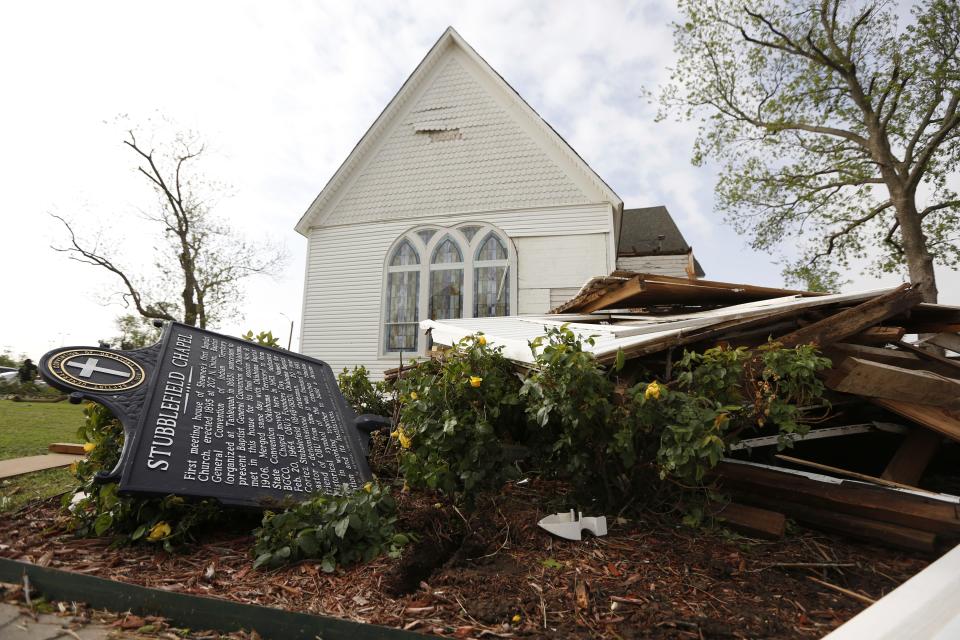 Stubblefield Chapel is damaged near Oklahoma Baptist University on Thursday, April 20, 2023, after a storm hit Shawnee Okla., on Wednesday.