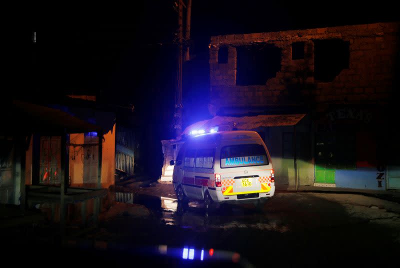 An ambulance drives to a pregnant woman during the coronavirus night curfew in Nairobi