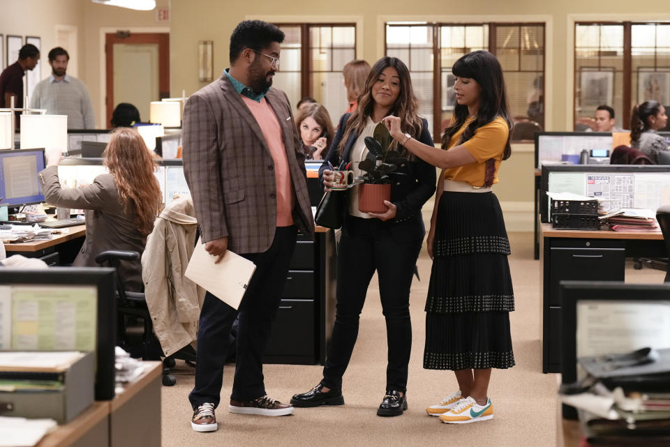 From left: Josh Banday, Gina Rodriguez, and Hannah Simone in <i>Not Dead Yet</i><span class="copyright">Scott Everett White—ABC</span>