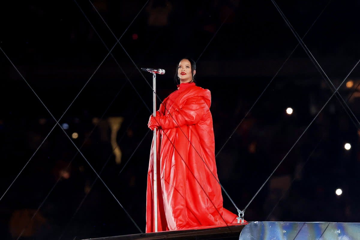 Rihanna onstage during the Super Bowl halftime show at State Farm Stadium on February 12, 2023 in Arizona (Mike Coppola/Getty Images)