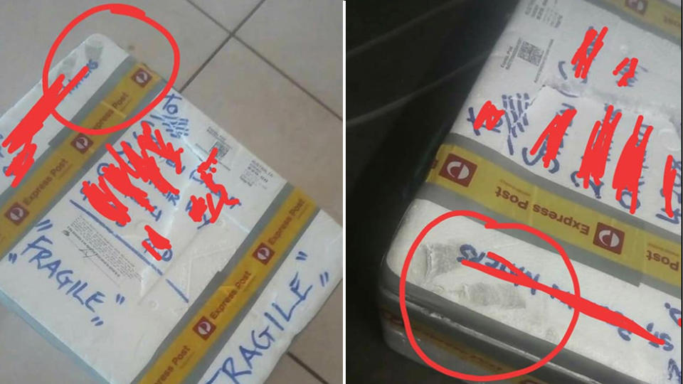 Images of the woman's parcel with circles around where a AusPost worker reportedly stepped. Source: Facebook