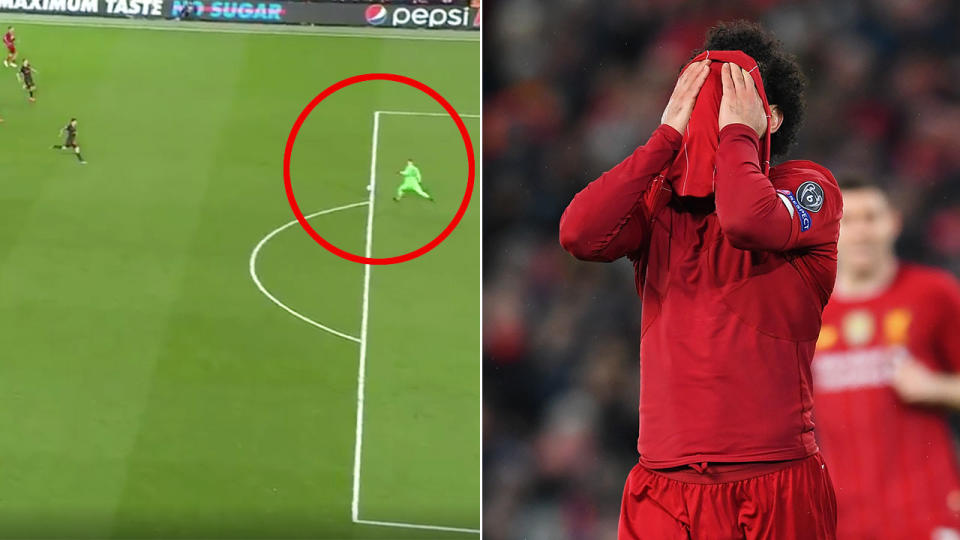Liverpool goalkeeper Adrian (pictured left) goes to kick the ball ands Mohammad Salah (pictured right) covers his face in frustration.
