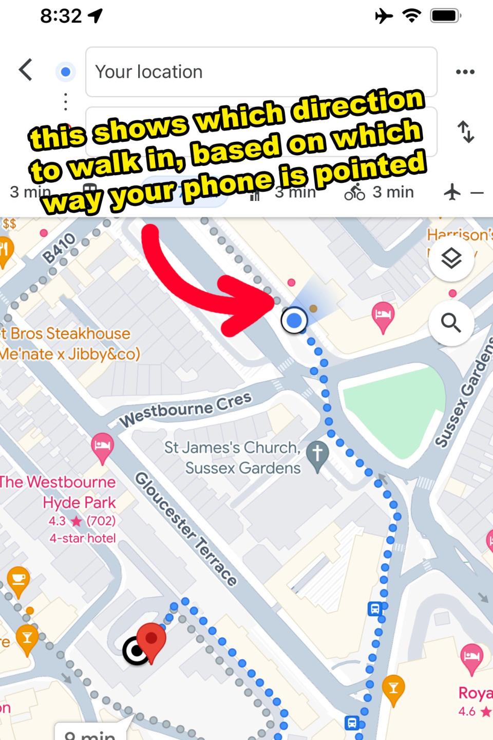 A Google Maps screenshot showing directions from 