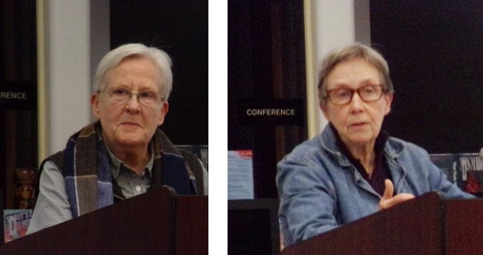 From left: Carolynn Burkholder and Martha Tashiro at a Wallenpaupack school board meeting in 2023. These sisters have regularly been attending to raise their concerns over certain books on school library shelves which in their viewpoint are inappropriate for young students.