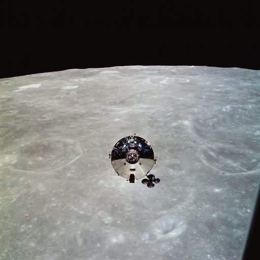 In this May 22, 1969, image obtained from NASA, the Apollo 10 command module is seen from the lunar module (LM) after separation in lunar orbit