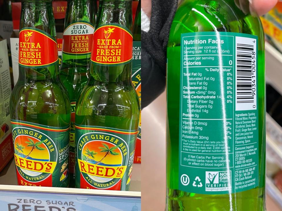 Bottles of Reed's ginger beer at Trader Joe's; The back of a Reed's bottle and nutrition facts