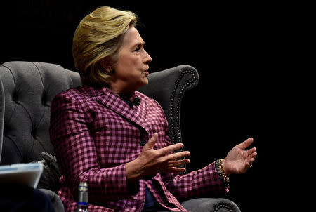 Former U.S. Secretary of State, Hillary Clinton speaks during an interview with Mariella Frostrup at the Cheltenham Literature Festival in Cheltenham, Britain October 15, 2017. REUTERS/Rebecca Naden