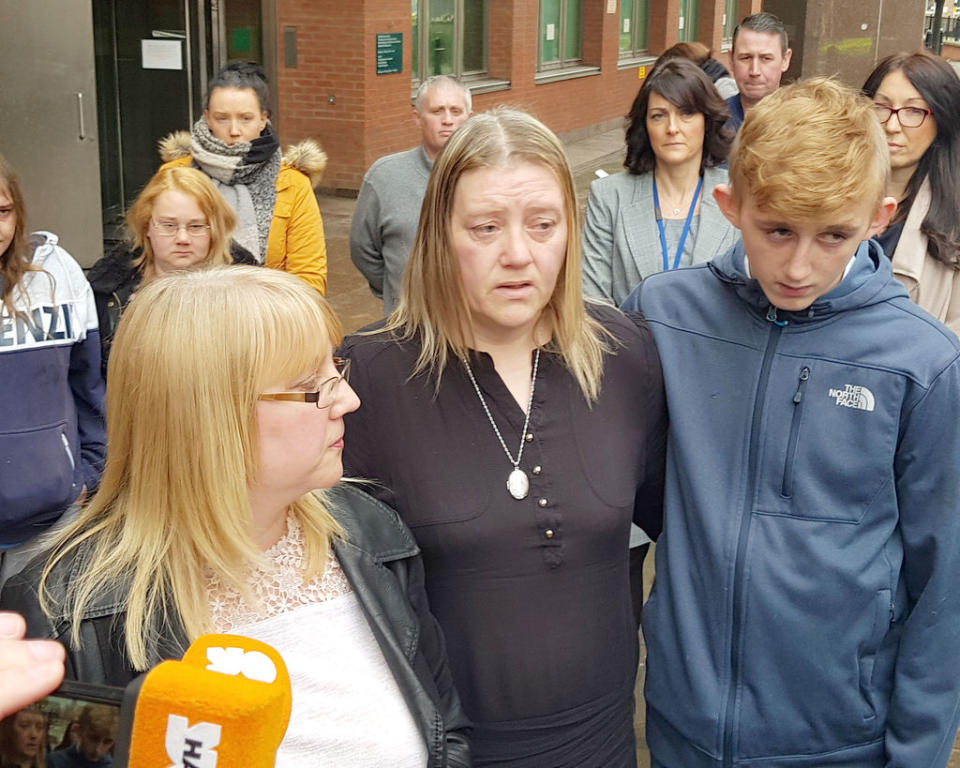 Leonne Weeks’ mother, Paula Appley (centre), and twin brother Levi outside Sheffield Crown Court (Picture: PA)