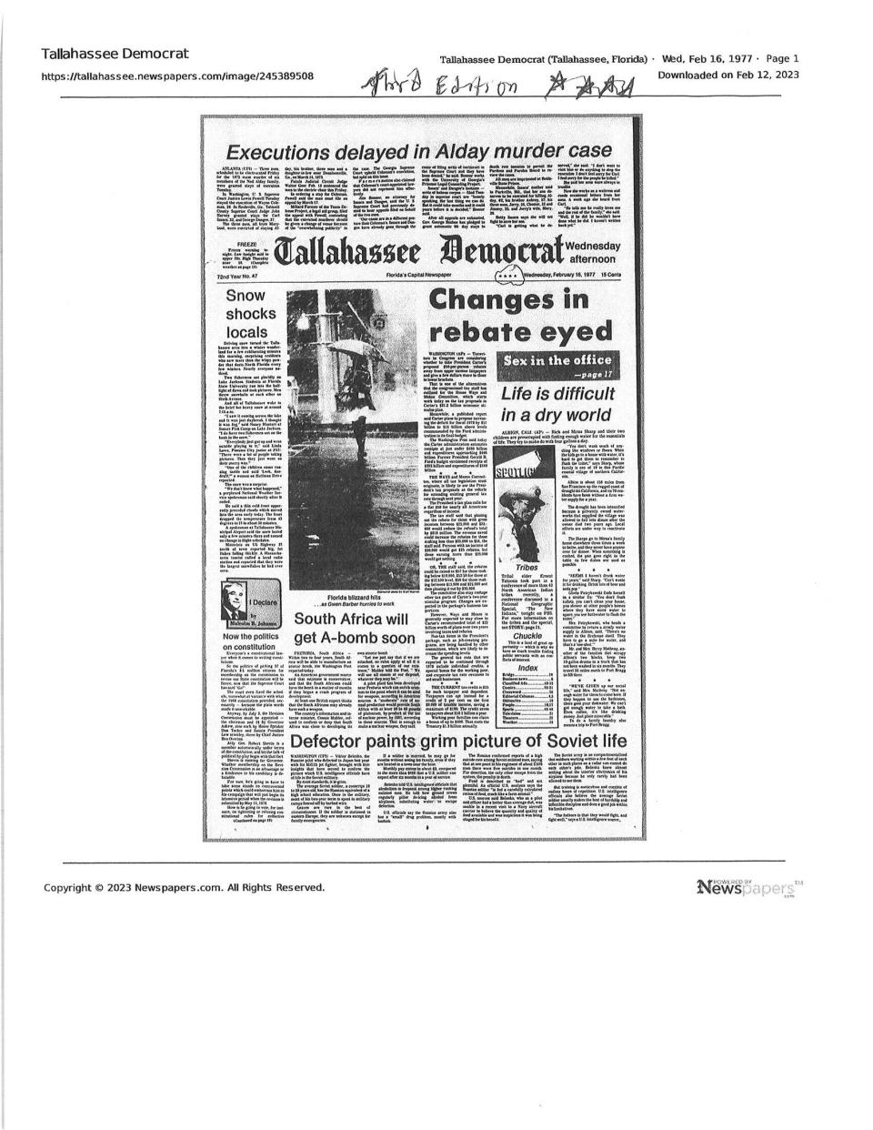 The third edition of the Tallahassee Democrat with an article on the snow from Feb. 16, 1977.