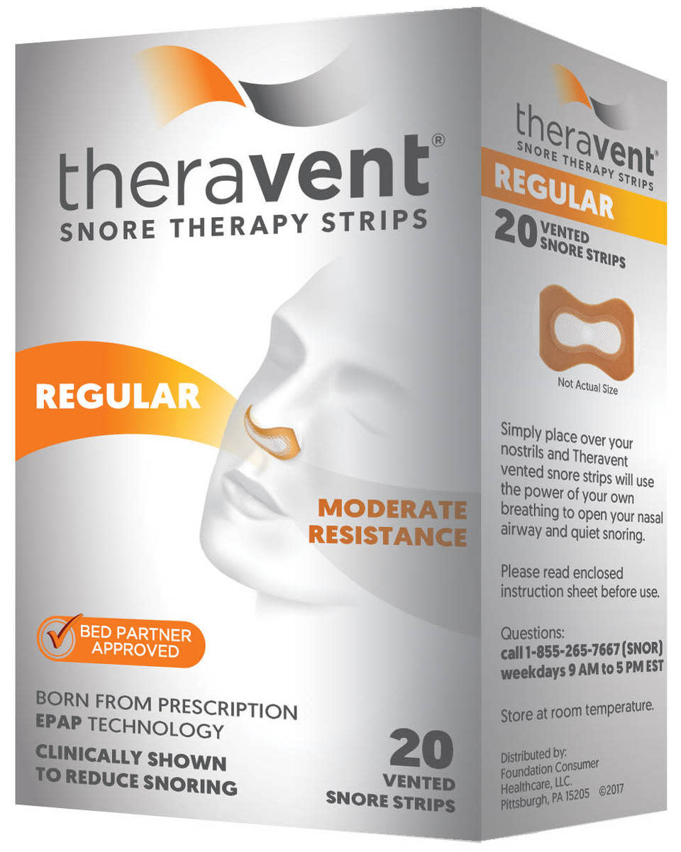 <a href="https://amzn.to/2DQzioo" rel="nofollow noopener" target="_blank" data-ylk="slk:Theravent Snore Therapy Strips;elm:context_link;itc:0;sec:content-canvas" class="link ">Theravent Snore Therapy Strips</a> (Photo: Amazon)
