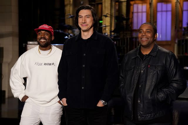 <p>Rosalind O'Connor/NBC</p> Kanye West, Adam Driver and Kenan Thompson pictured on 'SNL' in 2018