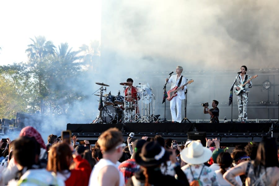 INDIO, CALIFORNIA – APRIL 14: (FOR EDITORIAL USE ONLY) (L-R) Hajoon, Jaehyeong, and Kim Woo-sung of The Rose perform at the Outdoor Theatre during the 2024 Coachella Valley Music and Arts Festival at Empire Polo Club on April 14, 2024 in Indio, California. (Photo by Amy Sussman/Getty Images for Coachella)