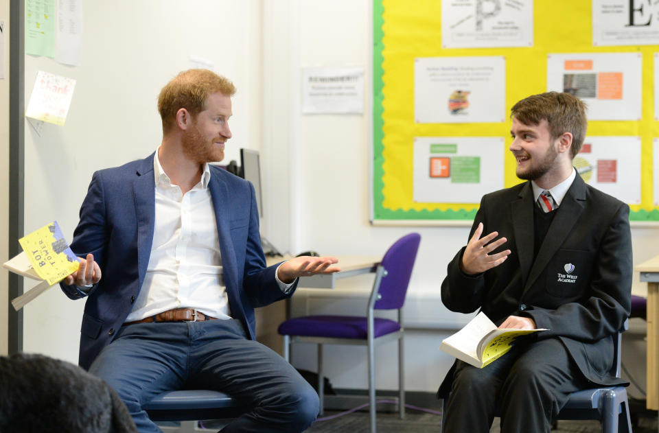 NOTTINGHAM, ENGLAND - OCTOBER 10: Prince Harry, Duke of Sussex joins a Reluctant Readers Session, during his visit to Nottingham Academy to mark World Mental Health Day, on October 10, 2019 in Nottingham, England. (Photo by Eamonn M. McCormack/Getty Images)