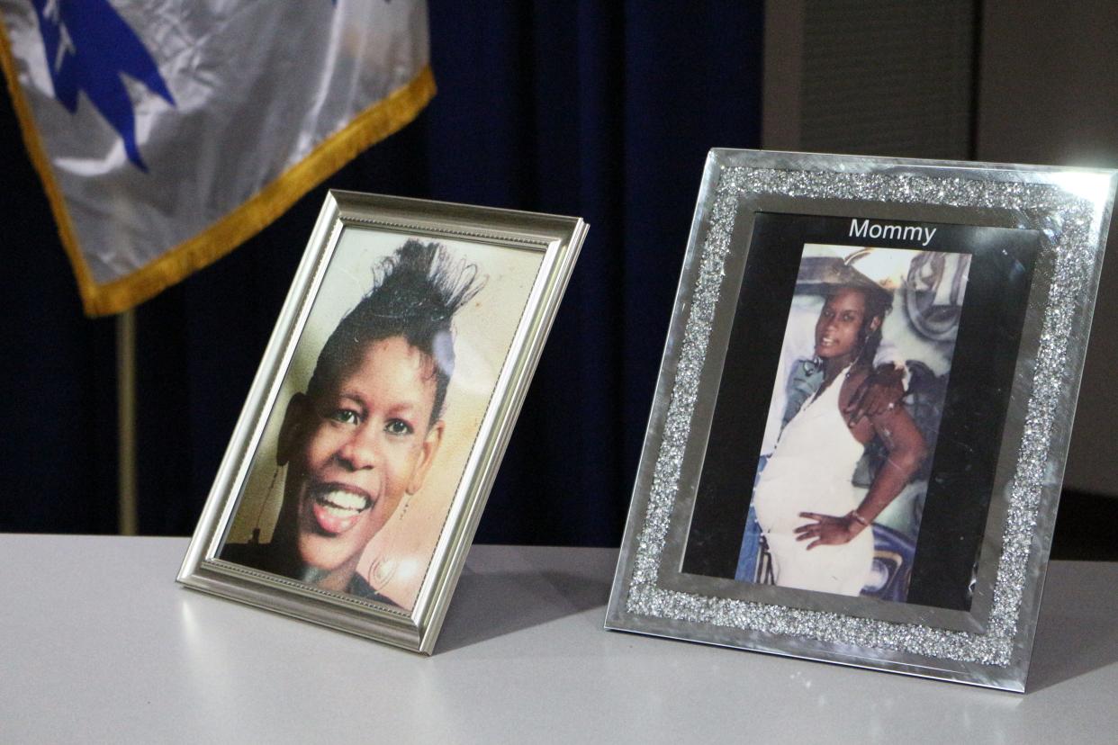 Photos of Kawana Holmes, who went missing from West Palm Beach in 1997, are displayed at the West Palm Beach Police Department during a press conference on Dec. 12, 2022. Police are turning renewed attention to the decades-old disappearance.