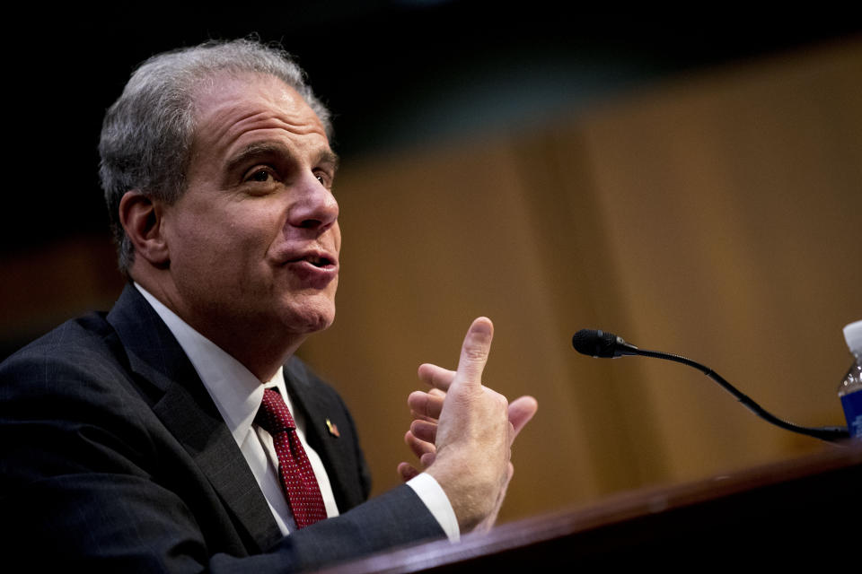 Department of Justice Inspector General Michael Horowitz testifies at a Senate Judiciary Committee hearing on the Inspector General's report on alleged abuses of the Foreign Intelligence Surveillance Act, Wednesday, Dec. 11, 2019, on Capitol Hill in Washington. (AP Photo/Andrew Harnik)