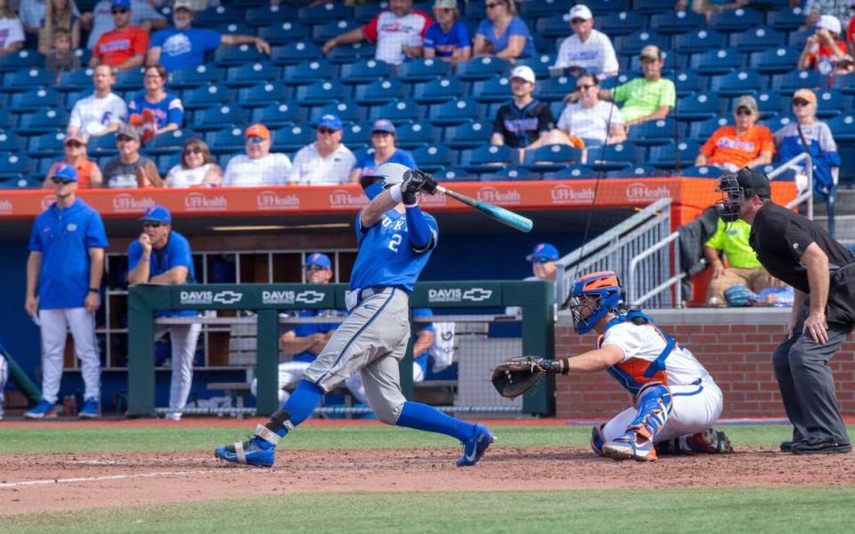 Kentucky infielder Mitchell Daly delivers an RBI double against Florida in the top of the fifth inning of Friday’s game in Gainesville, Florida. The Wildcats won 12-11 in 10 innings. Cyndi Chambers/USA TODAY NETWORK